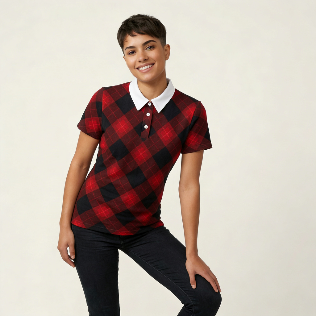 Person wearing a red and black plaid shirt with a white collar on a beige background