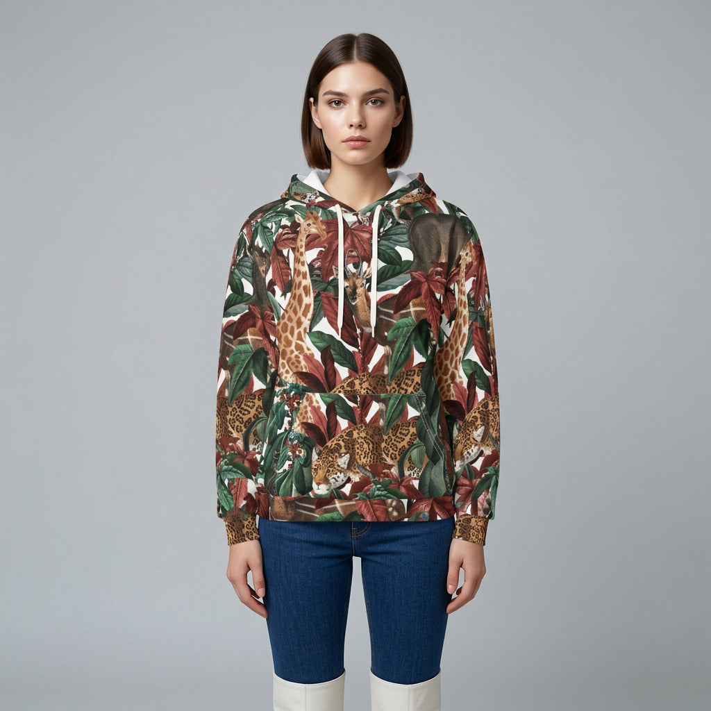 Jungle Safari Animals Hoodie | Giraffe Leopard Tapir All-Over Print