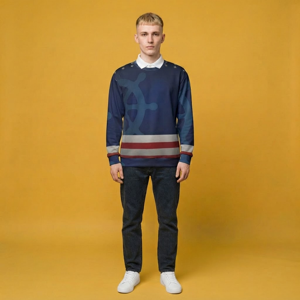 A man stands against a solid mustard yellow studio background wearing a navy blue crewneck sweater with a large ship's wheel graphic on the chest, a white collared shirt underneath, dark jeans, and white sneakers.