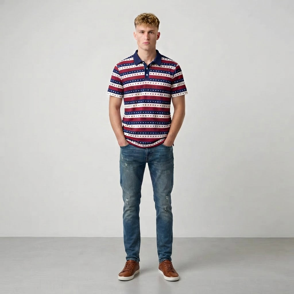 A man modeling a short-sleeve polo shirt with horizontal red, white, and navy blue geometric stripes, paired with blue jeans and brown shoes, standing against a light gray studio background.