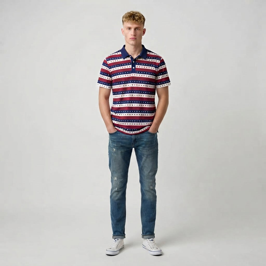 A young man standing against a light gray studio background, wearing a short-sleeve polo shirt with horizontal red, navy, and white geometric stripes, blue jeans, and white sneakers.