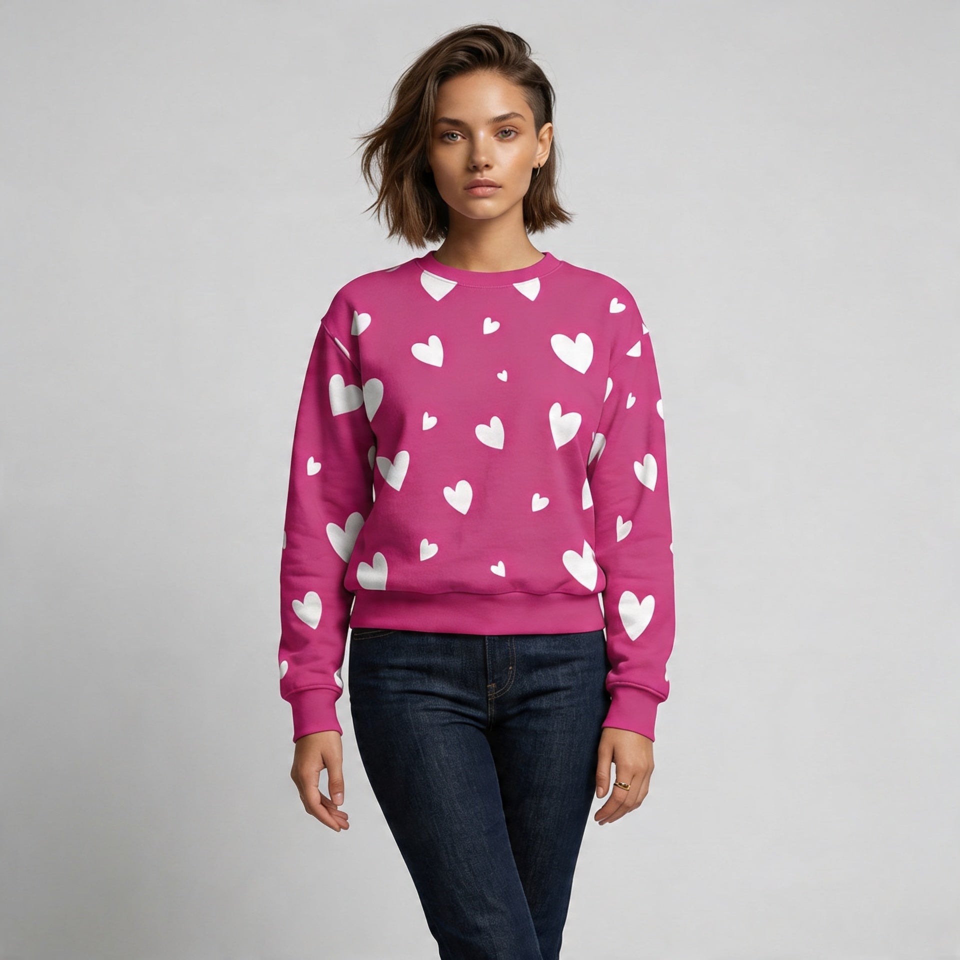 White Heart Pattern Sweatshirt | Pink All-Over Print