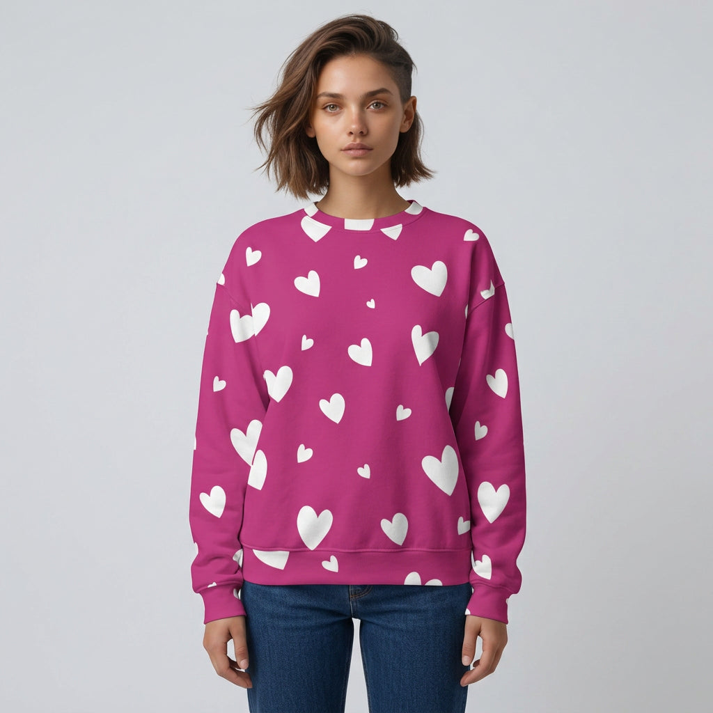 White Heart Pattern Sweatshirt | Pink All-Over Print