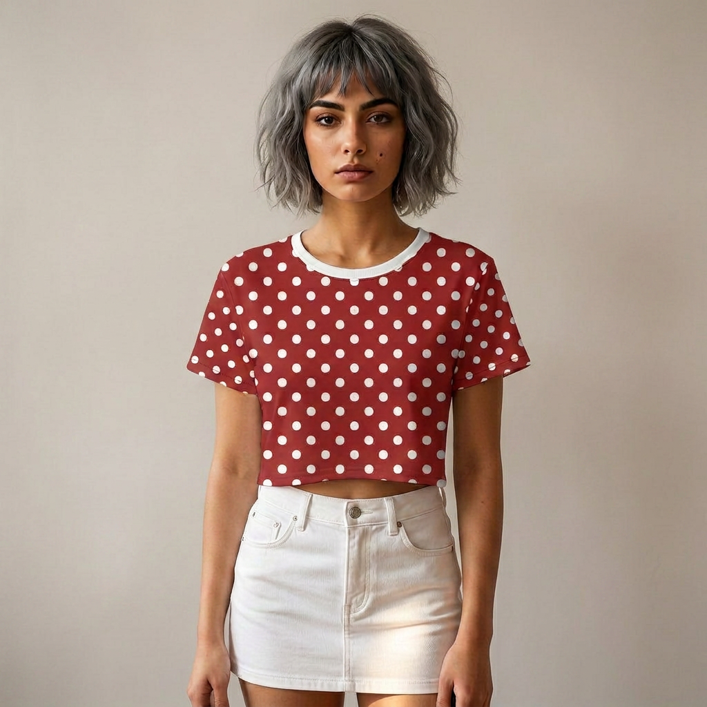Polka Dot Crop Tee — Vintage Red White Dot Women's Casual Summer Top