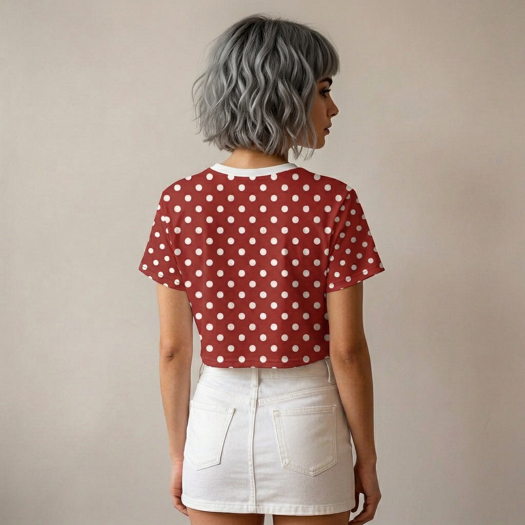 Polka Dot Crop Tee — Vintage Red White Dot Women's Casual Summer Top