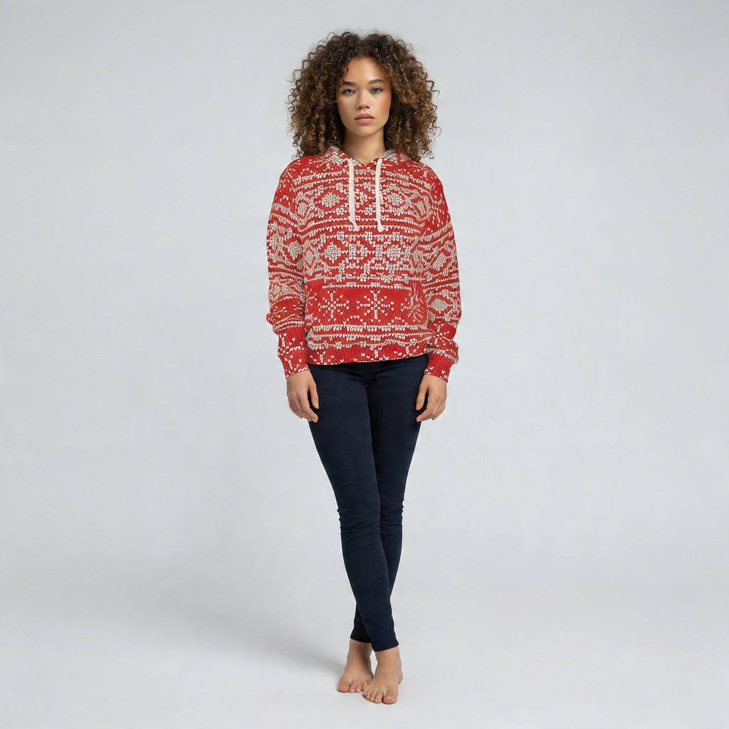 Red Knit Fair Isle Snowflake Hoodie | Christmas Holiday Pullover