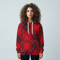 Person wearing a red plaid hoodie against a light gray background