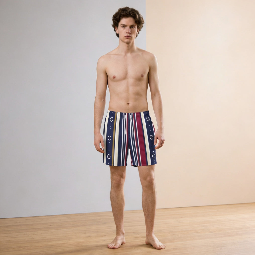 Striped Retro Swim Trunks – Navy, Crimson & Gold All-Over Print