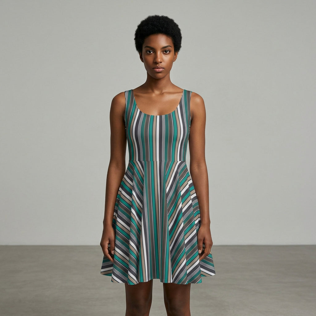 Teal Gray Diagonal Stripe Spring Dress