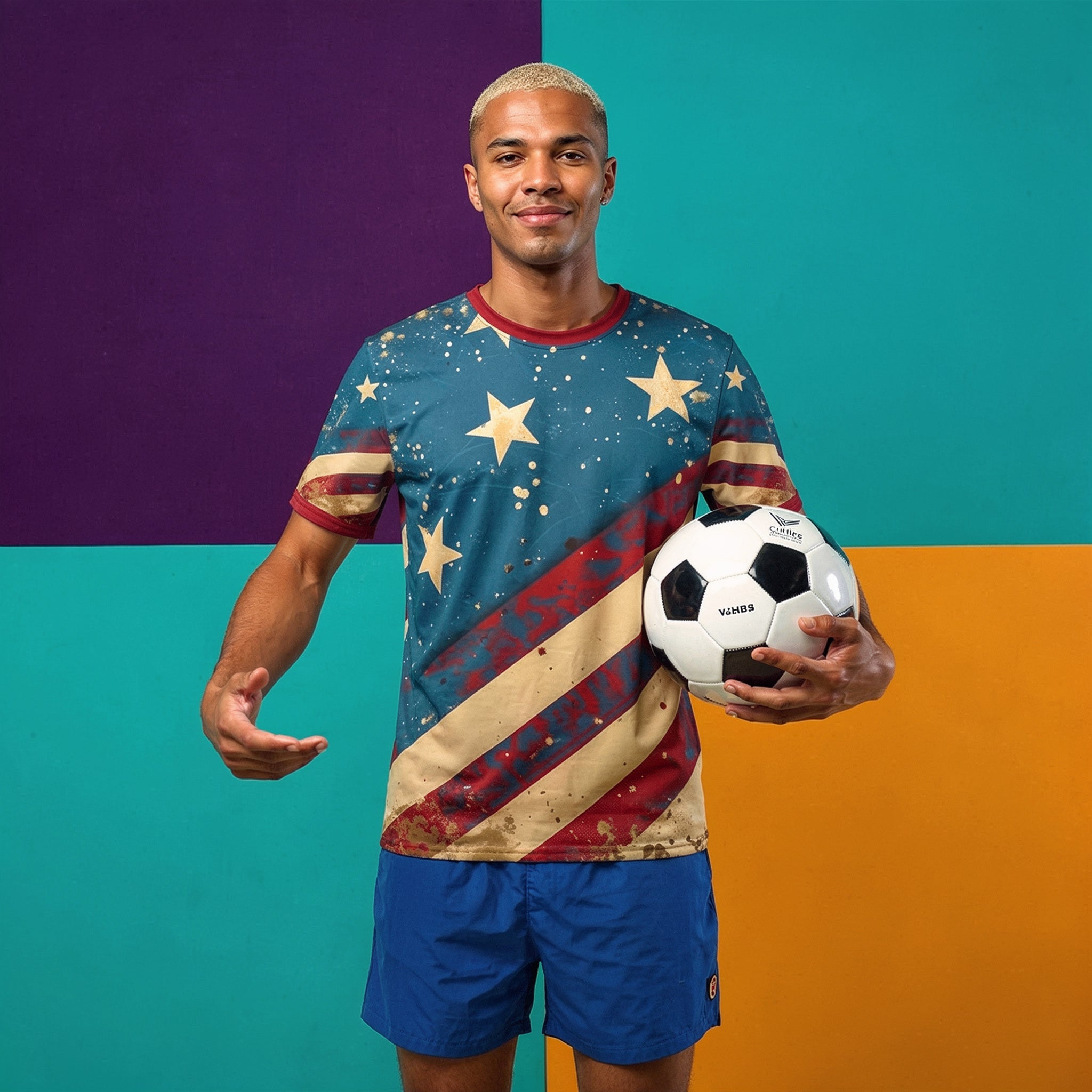 A man stands against a colorful three-block background (purple, teal, and orange) wearing a patriotic-themed soccer jersey and shorts, holding a soccer ball. The jersey features a distressed American flag pattern with stars and stripes in blue, red, and beige.