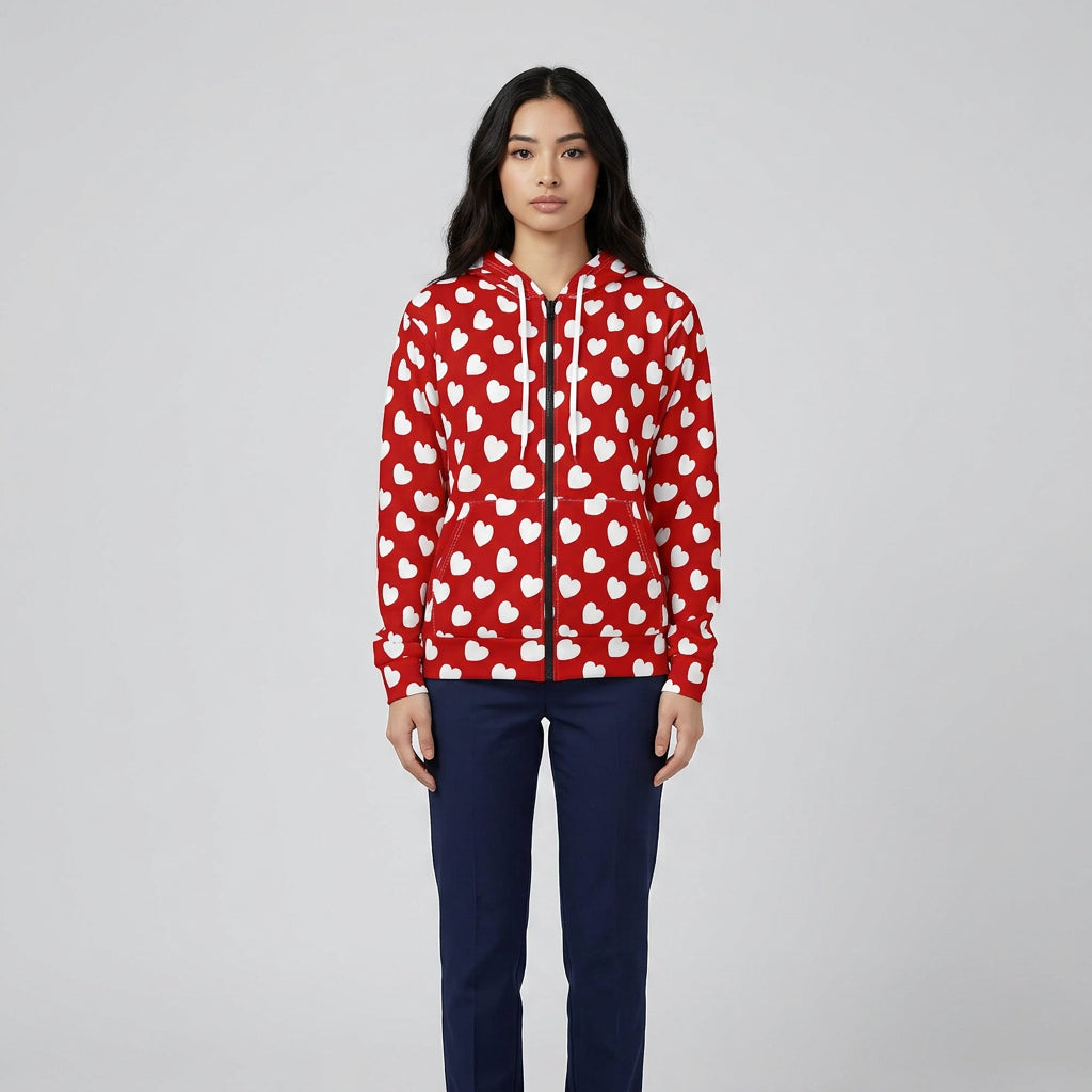 White Heart Pattern Hoodie | Red All-Over Print